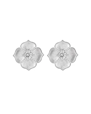 Silver Brushed Four-Leaf Clover Diamond Stud Earrings