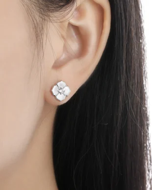 Silver Brushed Four-Leaf Clover Diamond Stud Earrings
