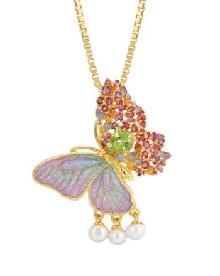 Silver Enamel Butterfly Flower  Pearl Pendant