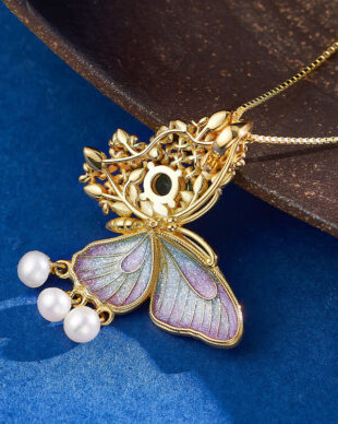 Silver Enamel Butterfly Flower  Pearl Pendant