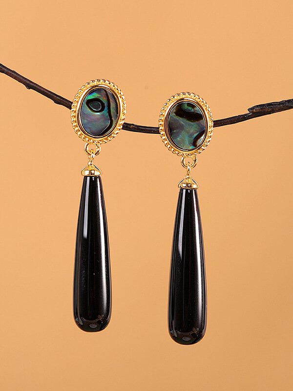 Grounding Black Agate Drop Earrings - Dual Gold Silver Plated Yin Yang Energy Jewelry