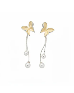 Silver Needle Drop Oil Butterfly Tassel Pearl Earrings