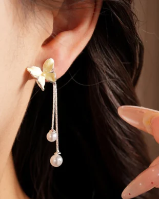 Silver Needle Drop Oil Butterfly Tassel Pearl Earrings