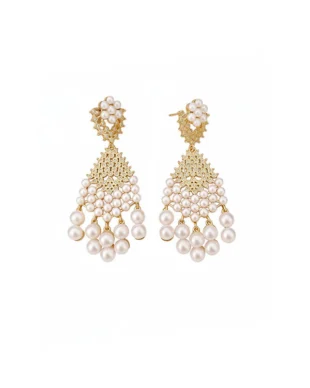 Silver Needle Earrings with Pearl Water Drop Fringe