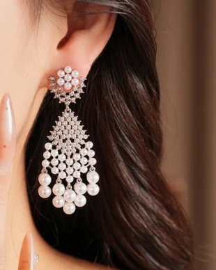 Silver Needle Earrings with Pearl Water Drop Fringe