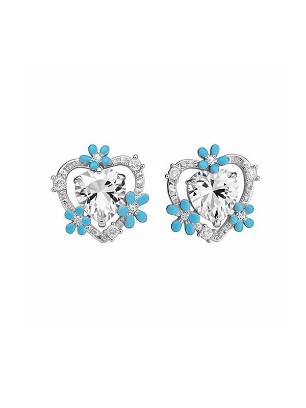 Silver Needle Zircon Double-Layer Heart Flower Earrings 1