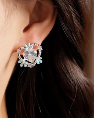 Silver Needle Zircon Double-Layer Heart Flower  Earrings
