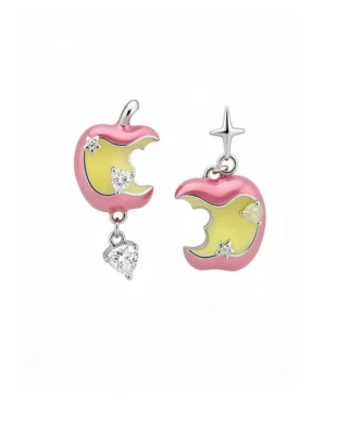 Silver Pin Post Oil Drip Zirconia Apple Asymmetrical Earrings