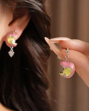 Silver Pin Post Oil Drip Zirconia Apple Asymmetrical Earrings