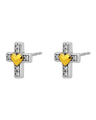 Small Silver Dual-Tone Cross Heart Stud Earrings