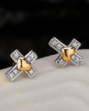Small Silver Dual-Tone Cross Heart Stud Earrings