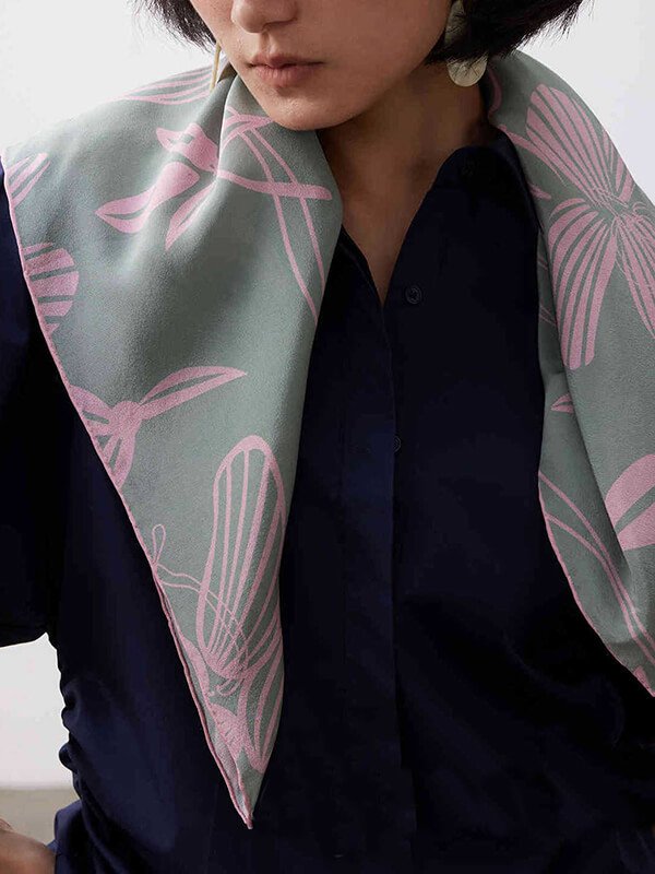 Packable silk travel scarf UPF 50+, spring floral print with hidden security pocket