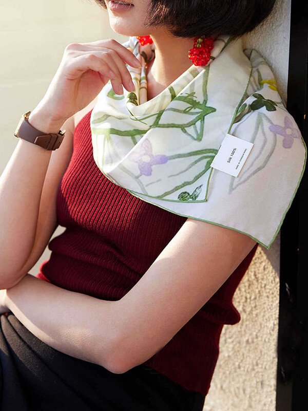 Limited-edition artist silk scarf, hand-blocked floral print on organic peace silk