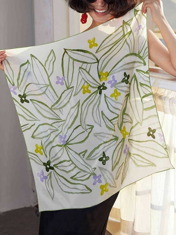 Temperature-regulating silk scarf for fluctuating climates, dual-sided abstract foliage