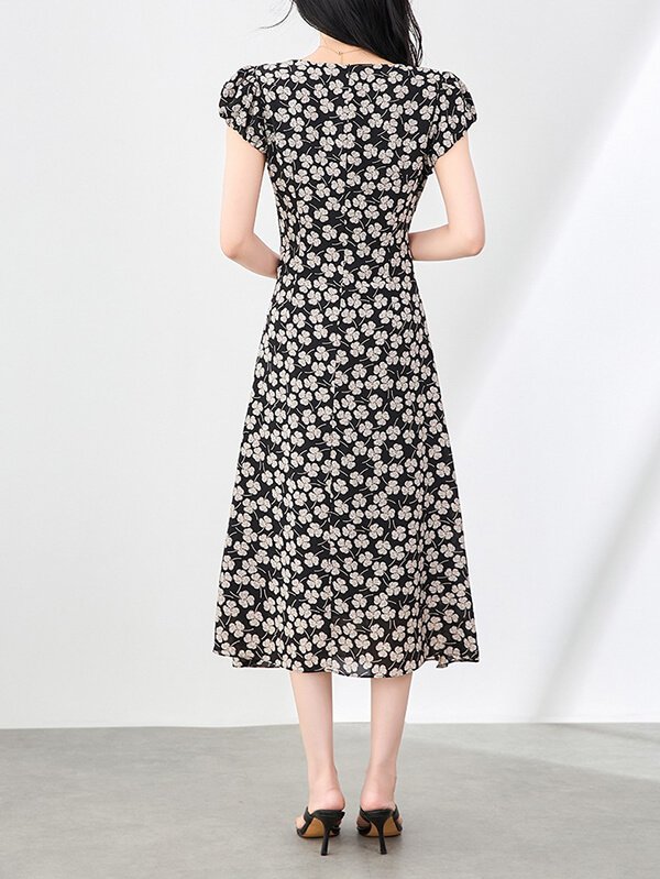 4th Trimester Nursing Dress - Adjustable Puff Sleeve Square Neck Ceremonial Print