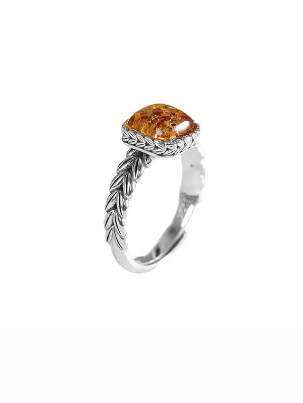 Square-shaped Wheat Sheaf Amber Ring in Sterling Silver 1
