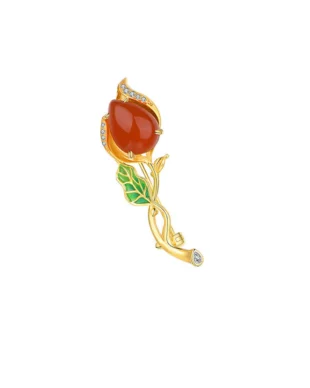 Sterling Silver Agate Rose Enamel Brooch