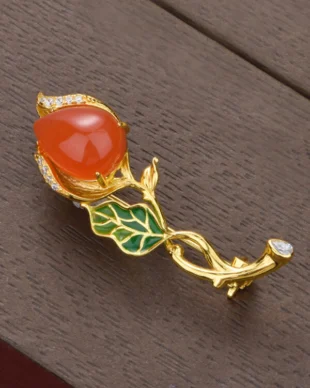 Sterling Silver Agate Rose Enamel Brooch