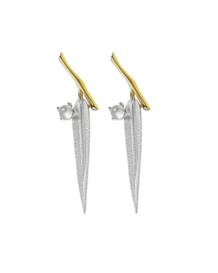 Sterling Silver Bamboo Leaf Earrings with White Agate