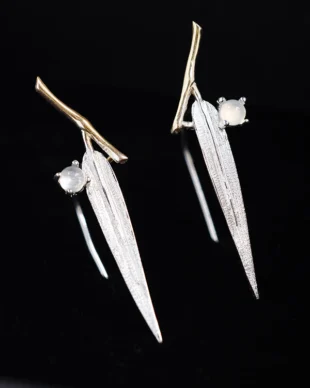 Sterling Silver Bamboo Leaf Earrings with White Agate