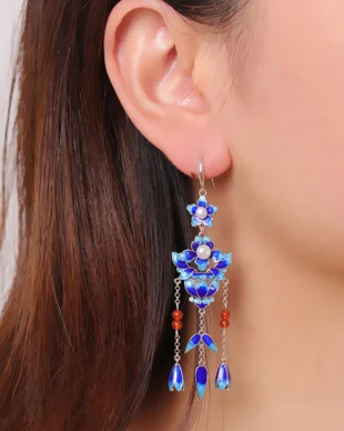 Sterling Silver Enamel Tassel Long Earrings