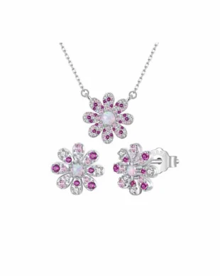 Sterling Silver Pink Daisy Stud Earrings and Necklace Set