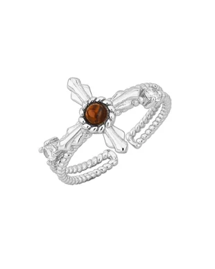 Tiger's Eye Cross Silver Ring