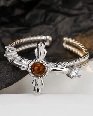 Tiger's Eye Cross Silver Ring