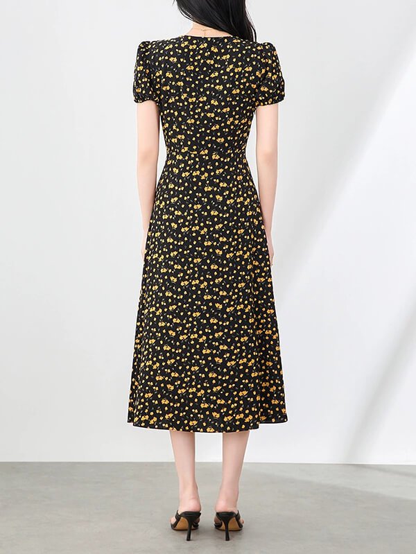 Lightweight boho floral chiffon dress with delicate v-neck for garden weddings or summer parties