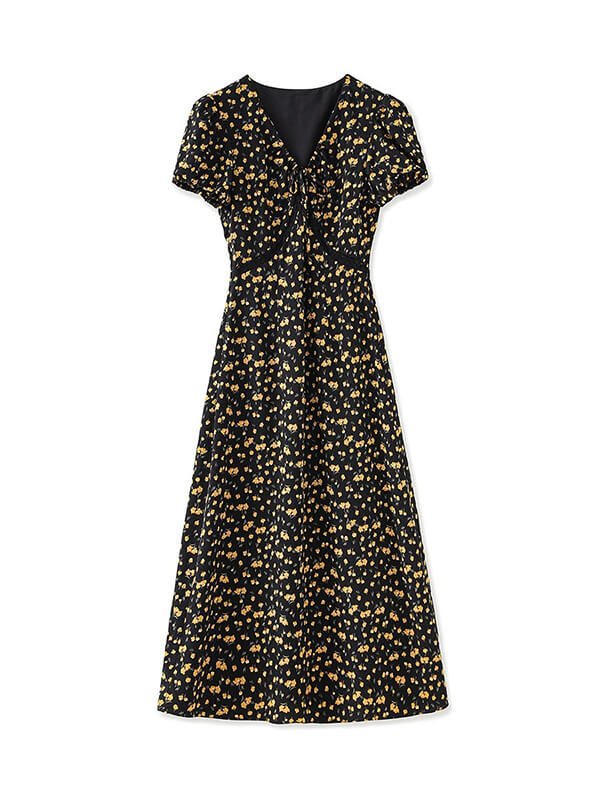 Modest floral print chiffon dress with v-neckline and flowy skirt for church, brunch, or mother's day