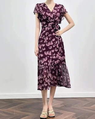 V-Neck Floral Waist-Defining Vacation Dress