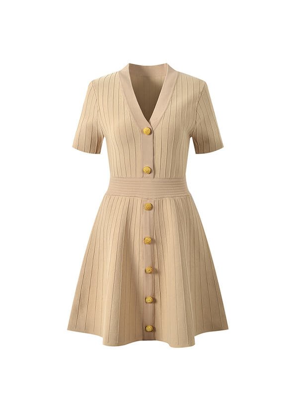Edwardian Loom Knit Dress - V-Neck Antique Buttons Heritage Ribbed Weave