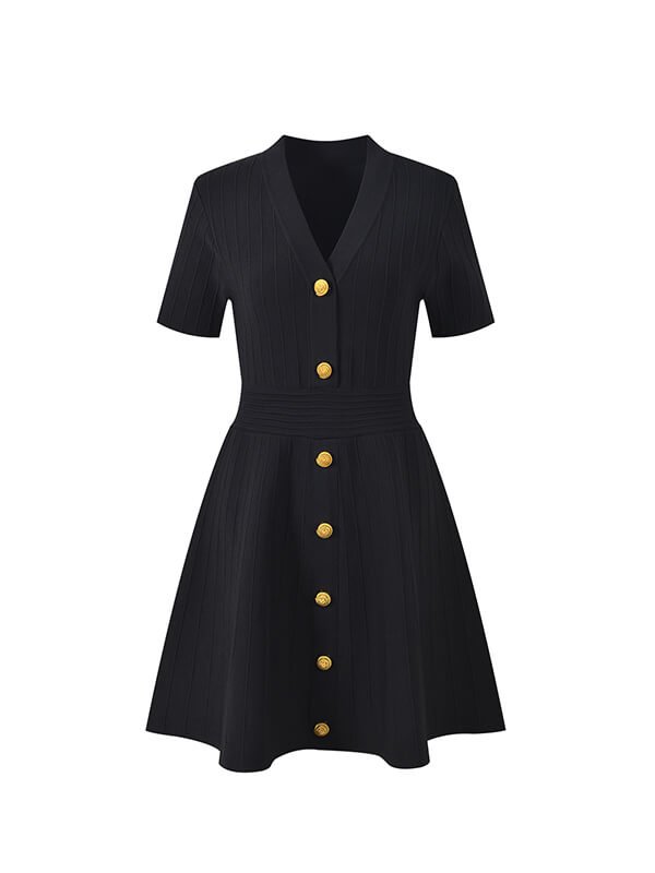 Hypoallergenic Carbon-Negative Knit Dress - V-Neck Metal Buttons Thermal Regulation