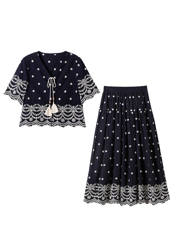 Convertible UPF 50+ Vacation Set - Quick-Dry Embroidered Crop & Shorts with Security Pockets