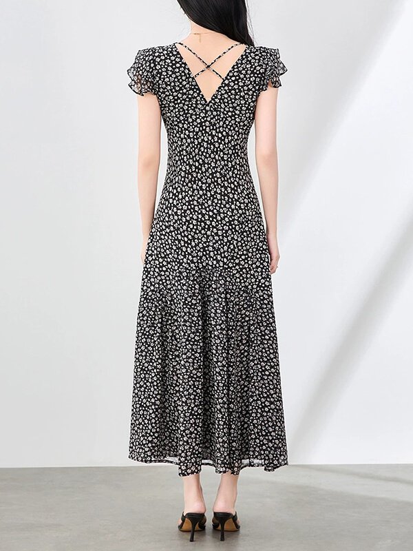 Convertible Travel Chiffon Dress Women - 4-Way Wear Printed Resort Dress with Pockets