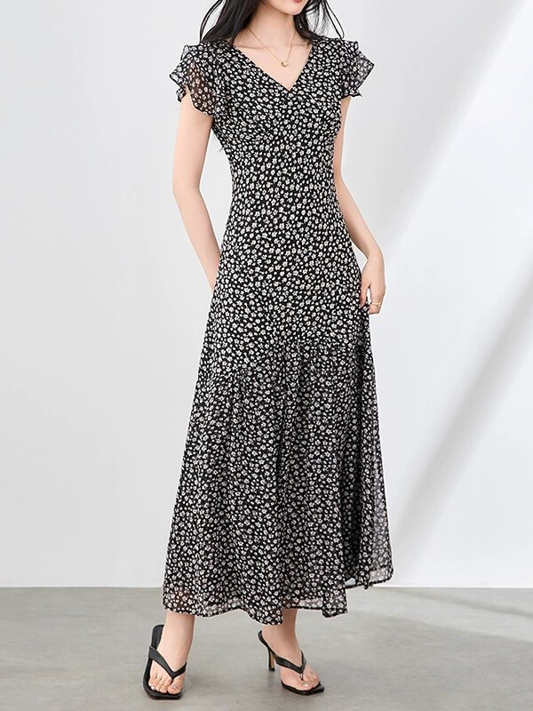 Hand-Blocked Botanical Chiffon Dress - Women's GOTS Resort Wear Ethical Vacation