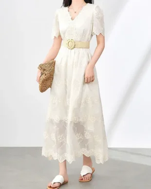 Vacation-Style V-Neck Embroidered Lace Dress