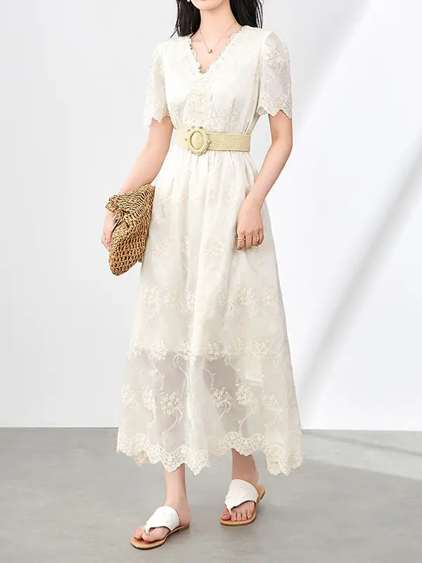 Vacation-Style V-Neck Embroidered Lace Dress