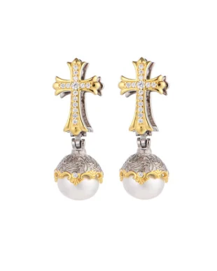 Vermeil Cross Earrings Inlaid with Freshwater Pearls
