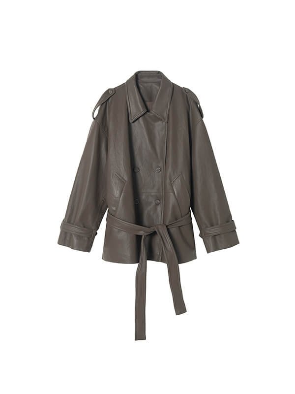 Vintage Faux Metal Thread Leather Double-Breasted Trench Coat 1