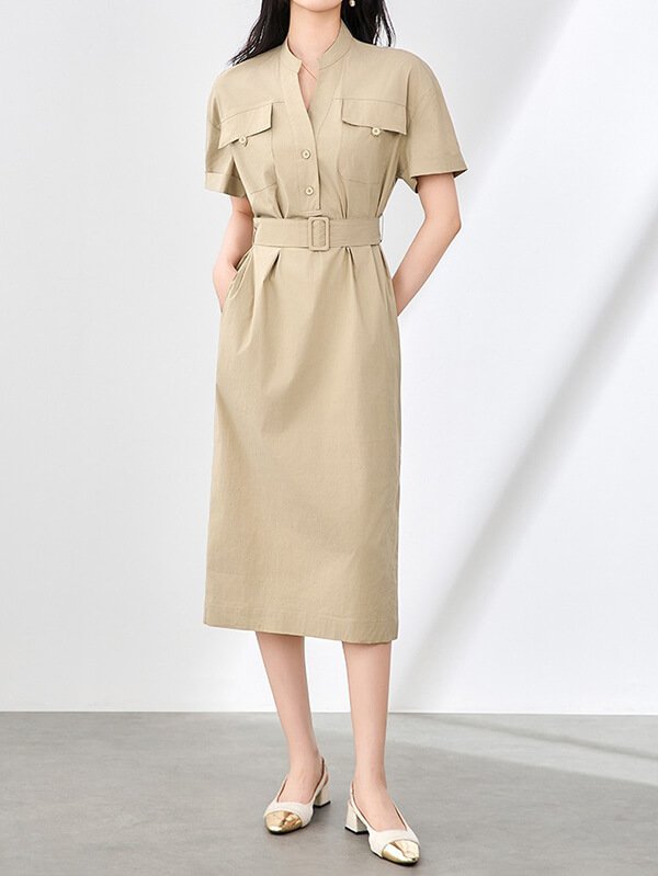 Hand-Finished Utility Pocket Dress - Women's 1940s Vintage High Waist Shirtdress