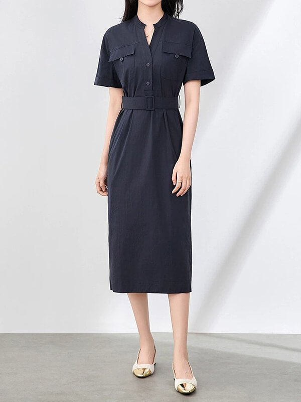 Wrinkle-Free Travel Shirtdress Women - Vintage High Waist Utility Pocket Dress