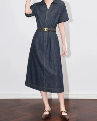 Vintage-Inspired Belted Denim Shirt Dress