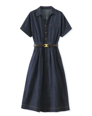 Vintage-Inspired Belted Denim Shirt Dress