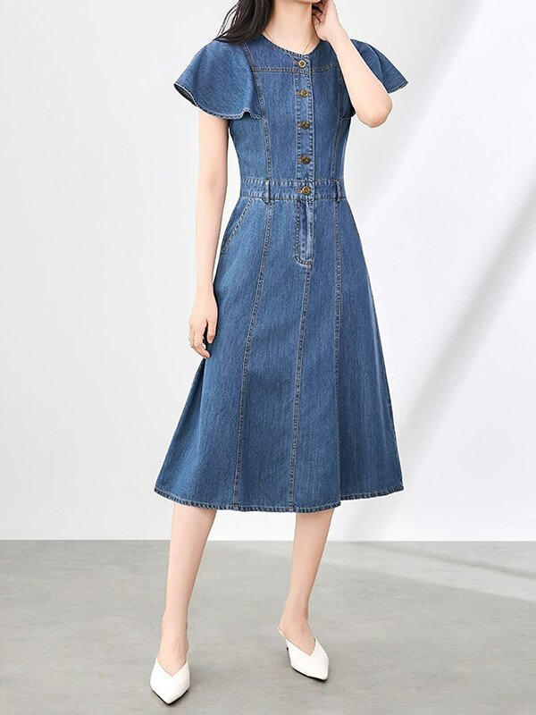 Hand-Finished Ruffle Hem Denim Dress - Women's Boho Tencel Vintage Maxi