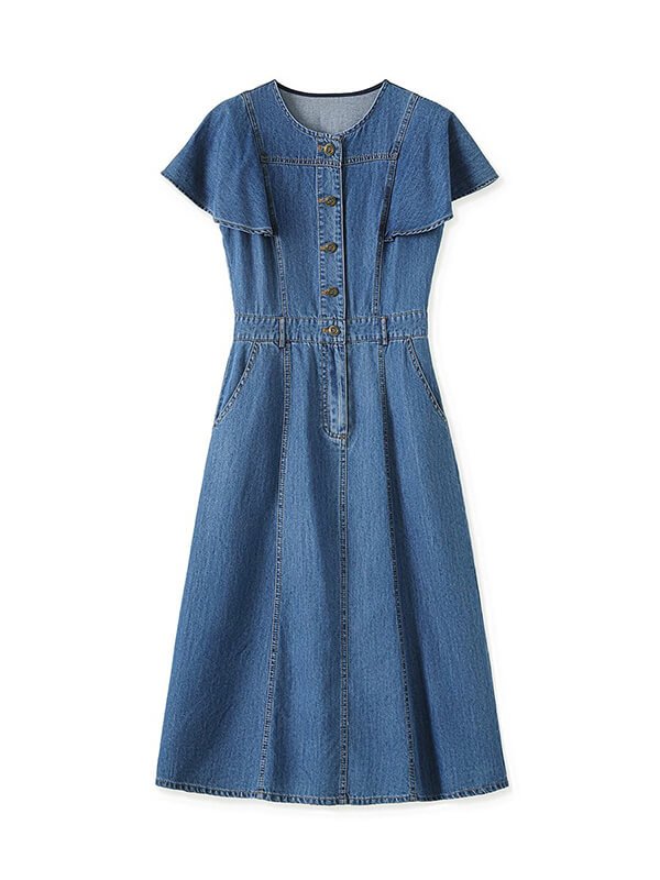 90s Vintage Denim Dress Tencel Blend - Women's Comfort Fit Ruffle Hem Midi