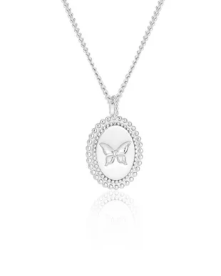 Vintage Round Pendant Butterfly Silver Necklace