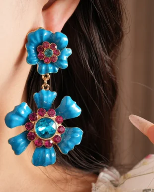 Vintage Silver Needle Oil-Coated Enamel Flower Earrings