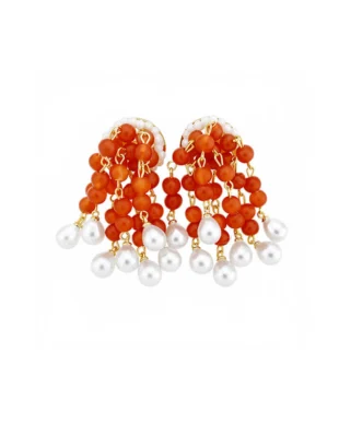 Vintage Silver Needle Red Resin Pearl Tassel Earrings