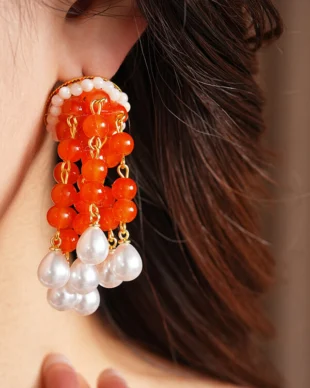 Vintage Silver Needle Red Resin Pearl Tassel Earrings